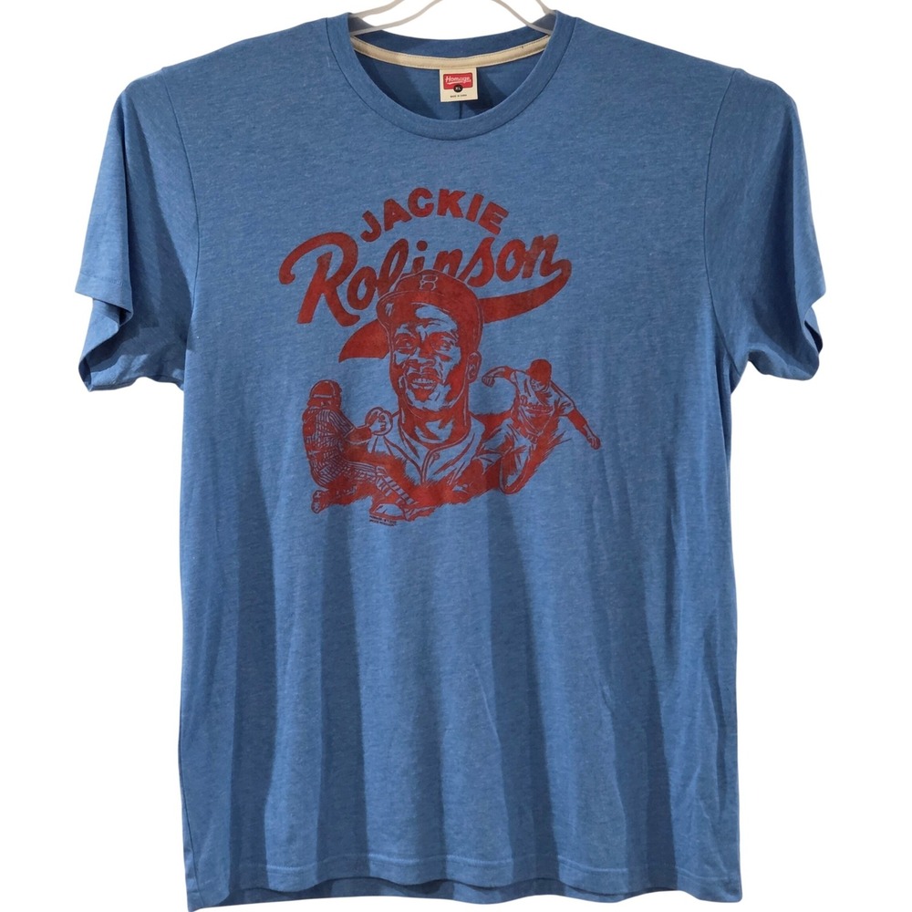 Homage Mens Jackie Robinson Brooklyn Dodgers Tri-Blend Graphic T-Shirt Blue XL